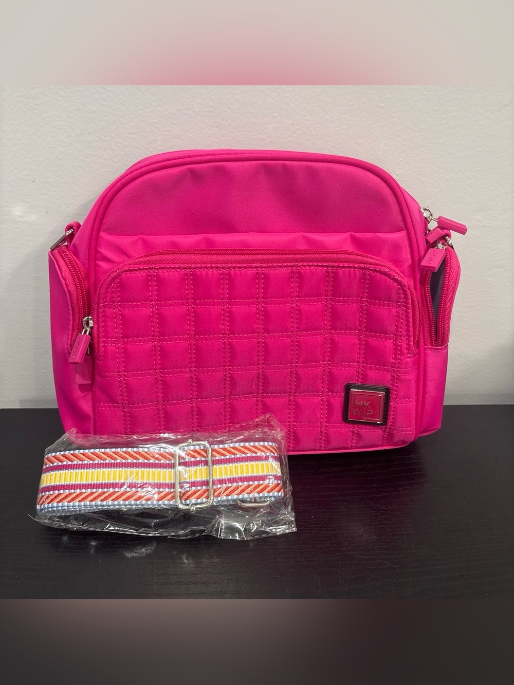 Ihkwip Vivid Pink Quilted Crossbody Bag with Striped Adjustable Strap new